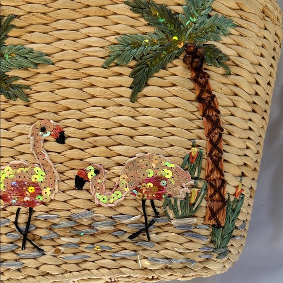 Tropical Woven Tote Bag with Sequined Flamingo Palm Tree Design - Picture 3 of 16